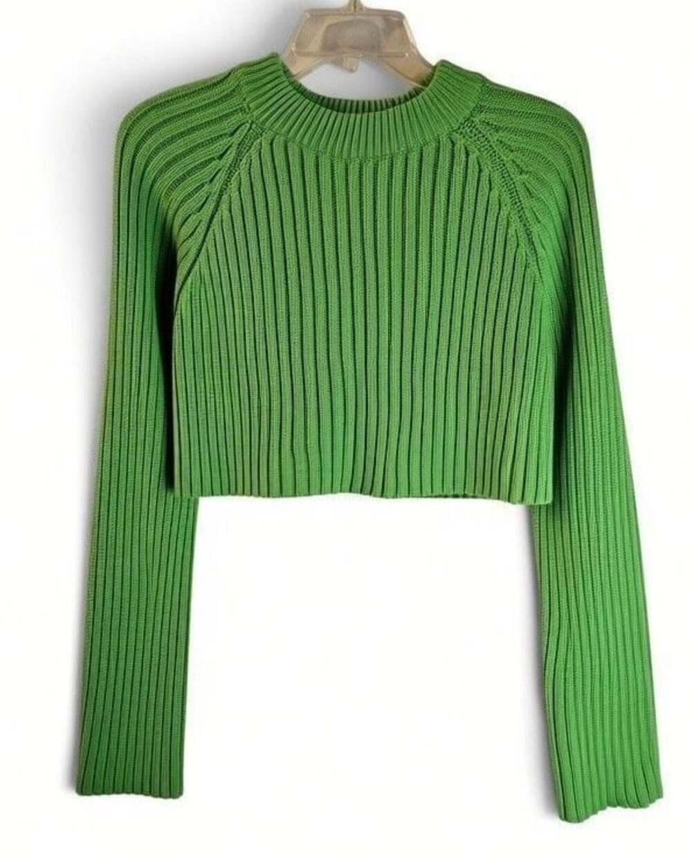 Zara Green Cropped Ribbed Crewneck Sweater Sz S